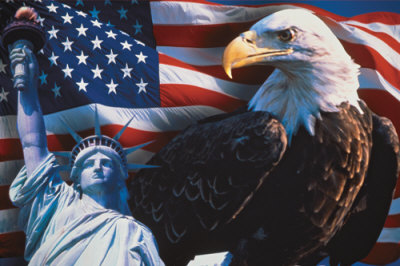 Eagle,flag, statue of liberty